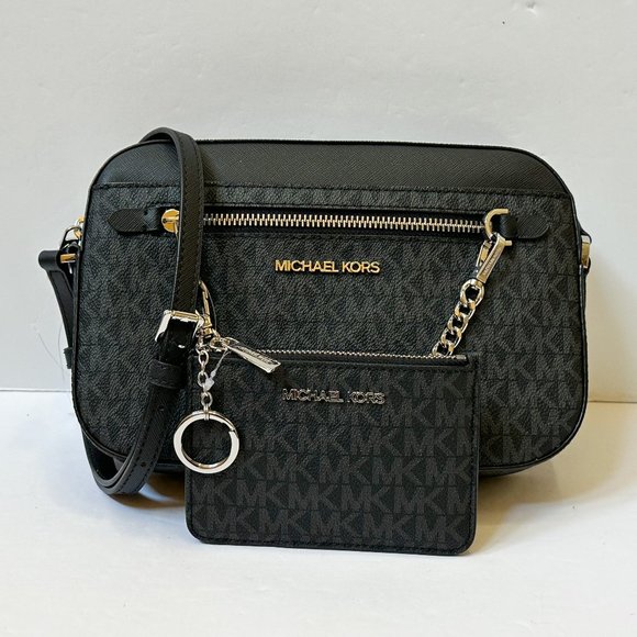 Michael Kors Jet Set Chain Crossbody Bag + Coin ID Key Holder Wallet MK Black - Picture 1 of 16